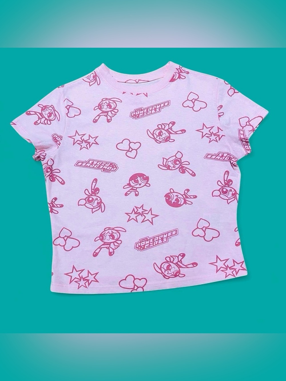 The Powerpuff Girls Pink Allover Print Crop T-Shirt XS NWT Cartoon Network